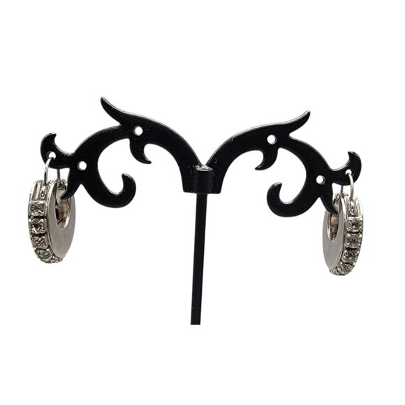 Silver Tone Rhinestone Hoop Earrings Hinged Closure Vintage Pat Pend Unsigned - Picture 2 of 9